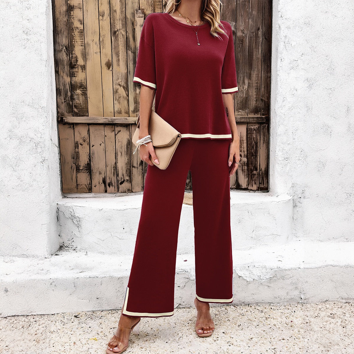 Fashion women's spring and summer temperament casual short sleeved knitted suit