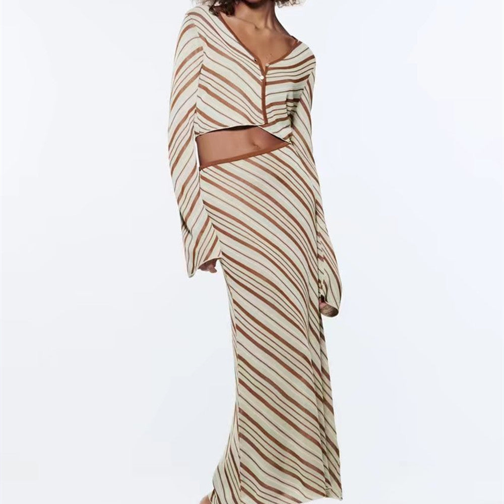 Spring/Summer Women's Striped Knit Top High Waist Skirt Suit