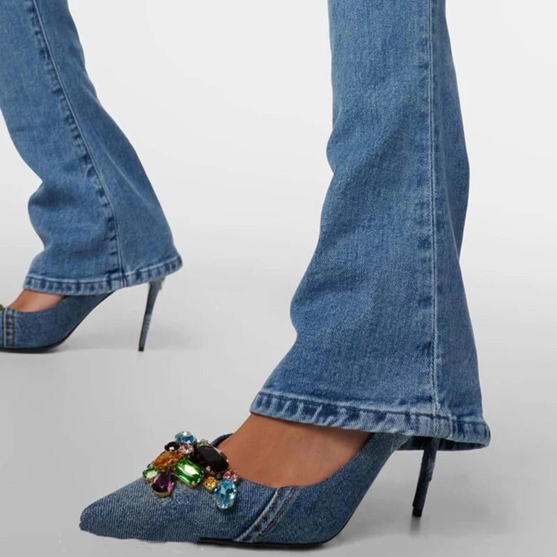 INS New Size 34-43 Fashion Denim Women Heel Pumps Sexy Heel Shoes Party Weeding Shoes Luxury Shoes For Women