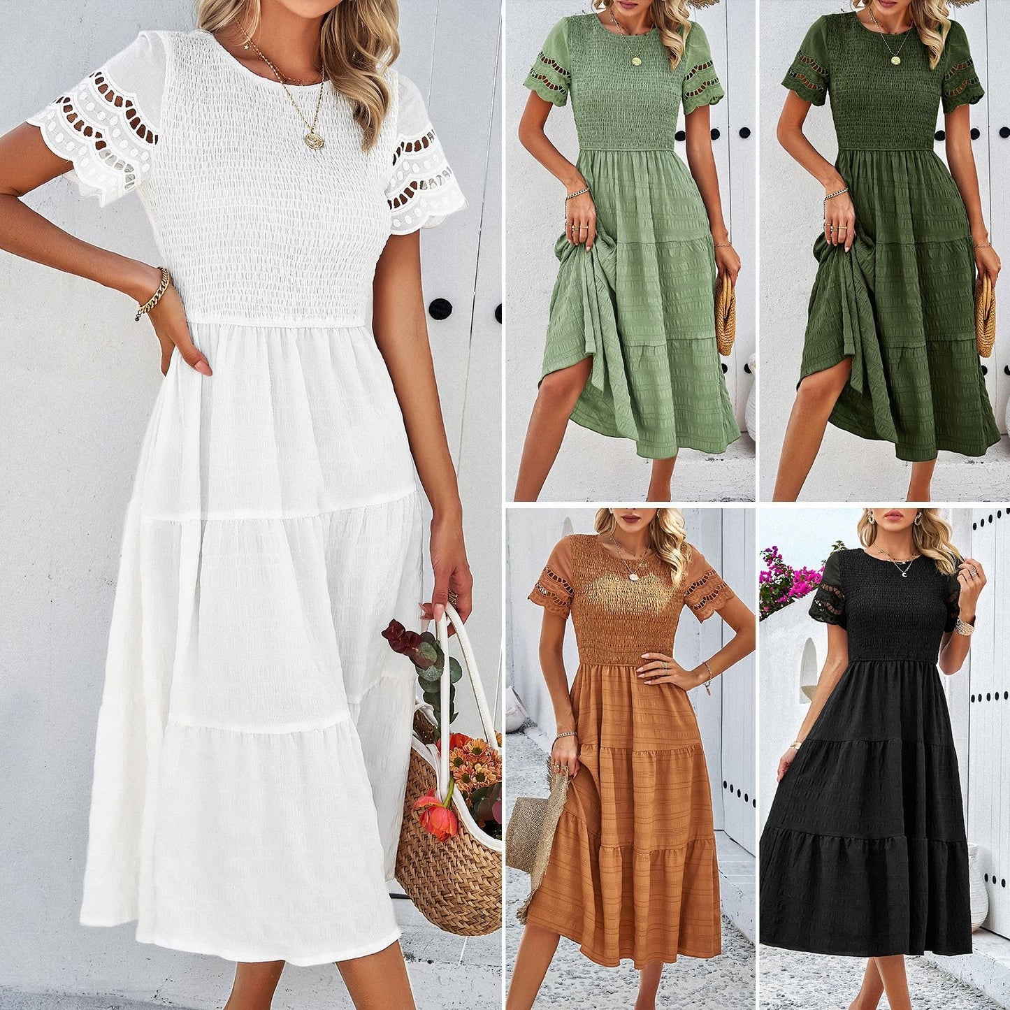 Spring and summer solid color temperament with a pleated hollow dress