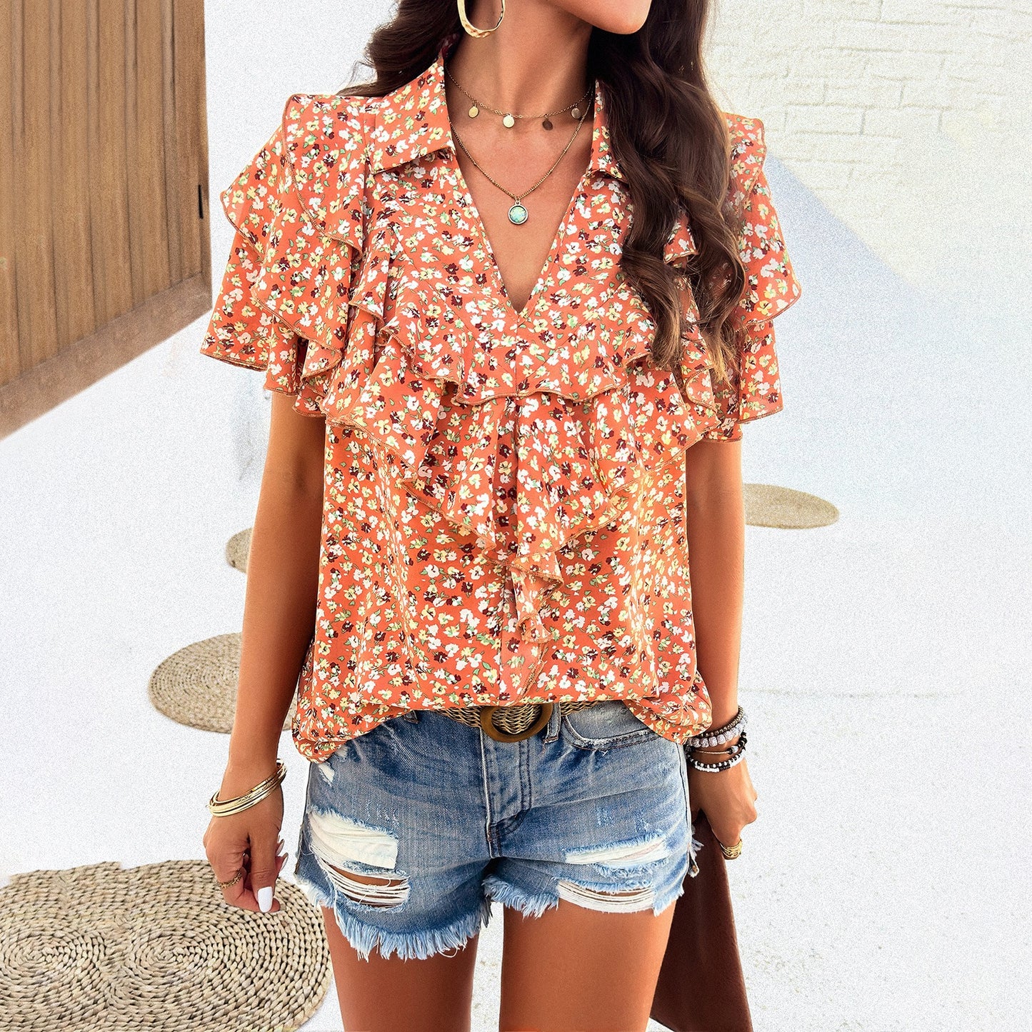 European and American women's spring and summer elegant printed ear edge top