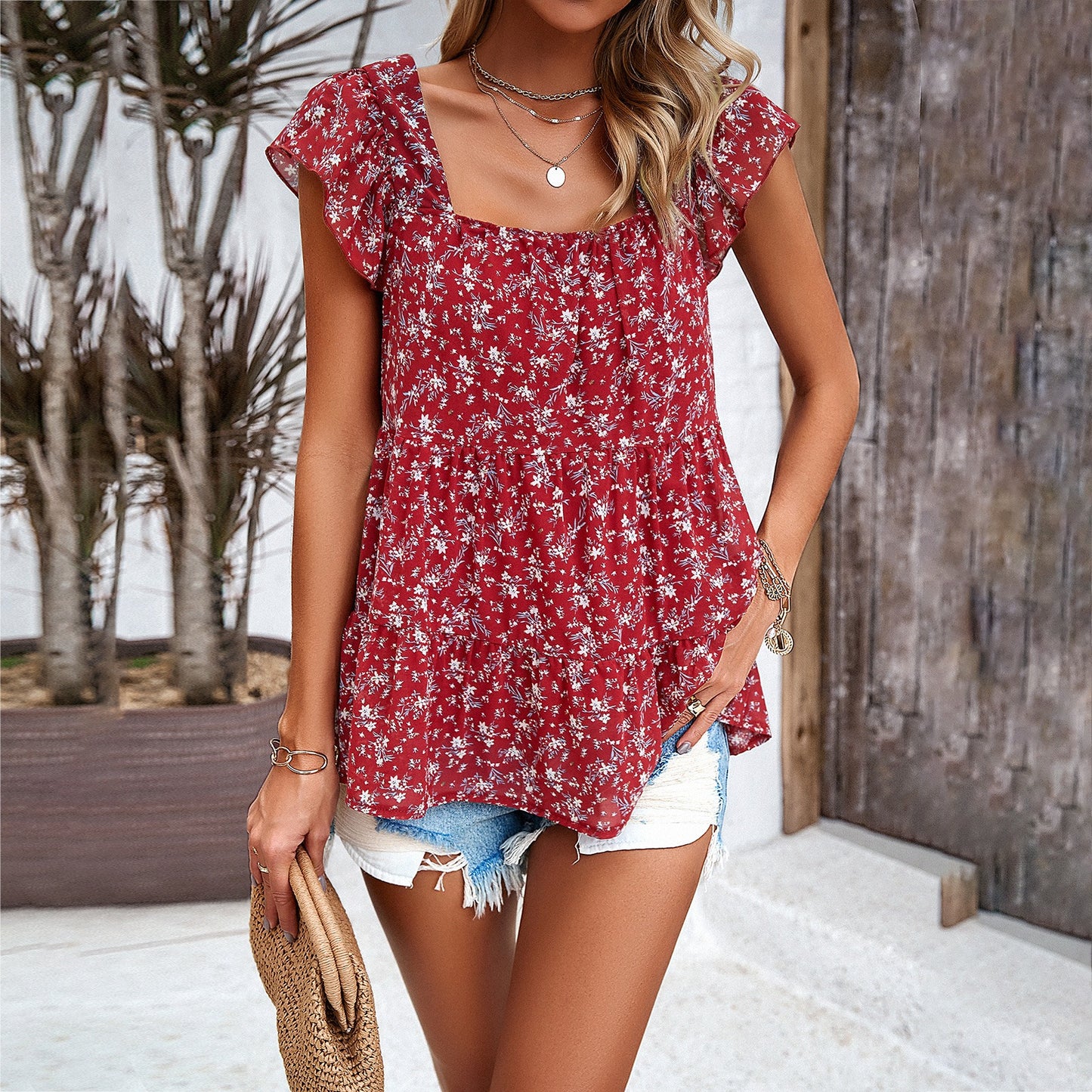 Spring and summer temperament floral square collar top
