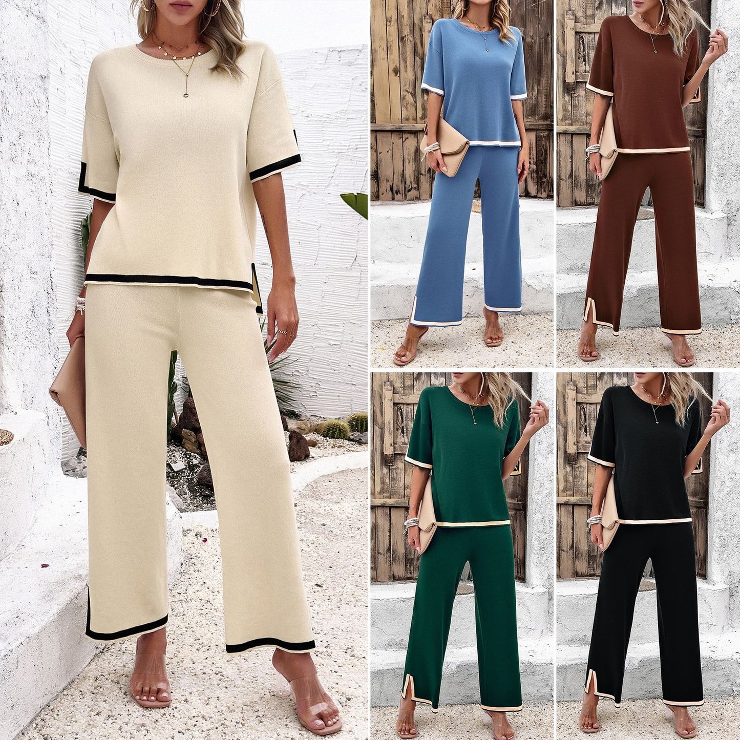 Fashion women's spring and summer temperament casual short sleeved knitted suit