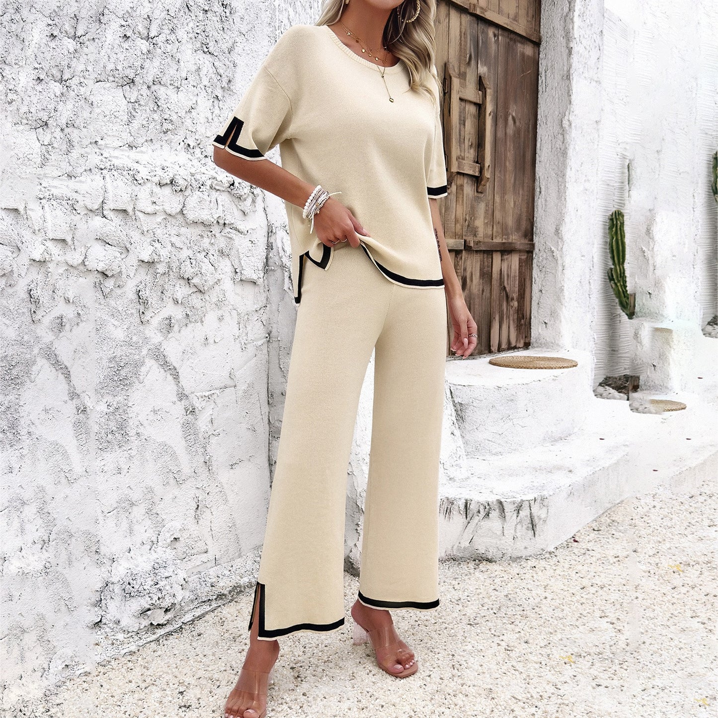 Fashion women's spring and summer temperament casual short sleeved knitted suit