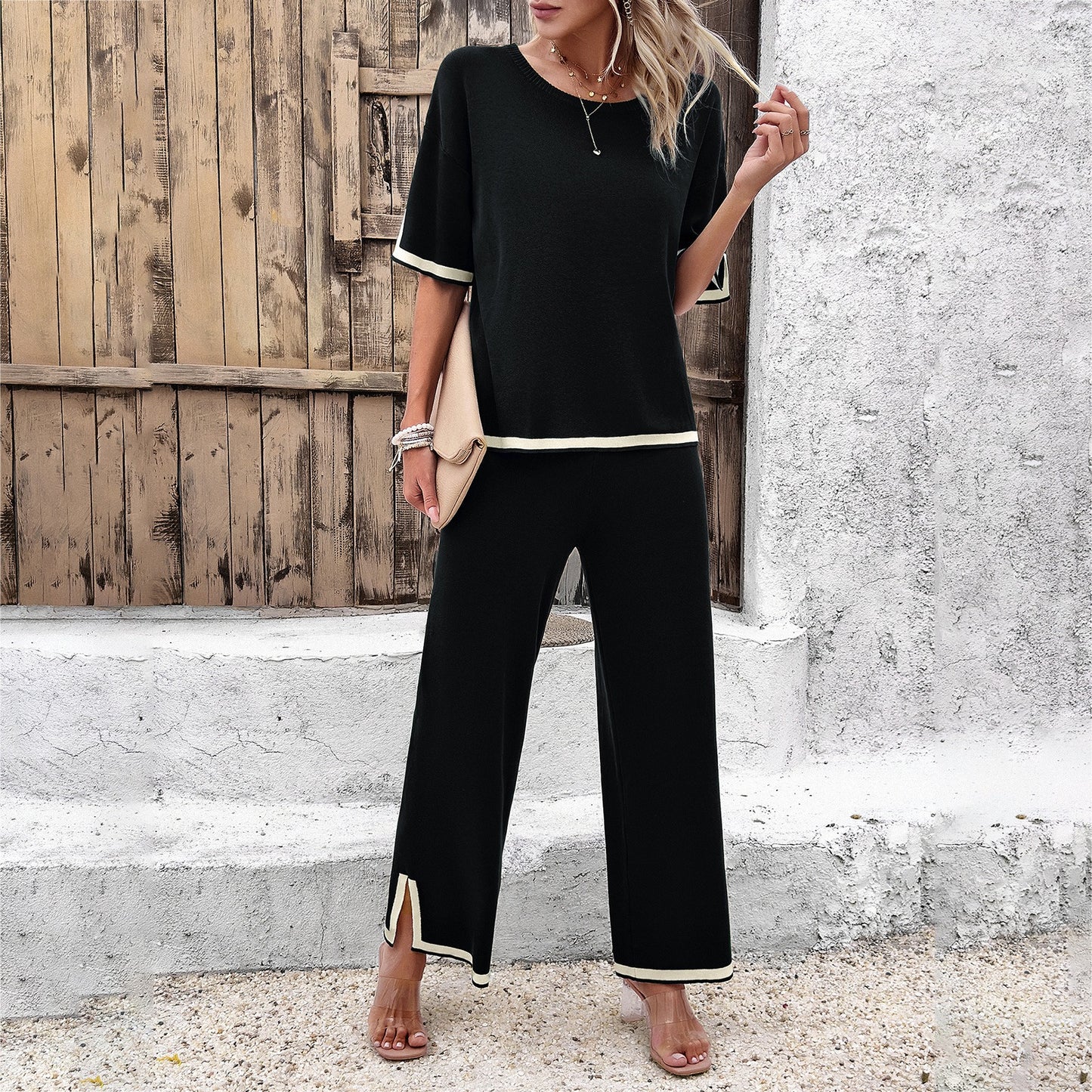 Fashion women's spring and summer temperament casual short sleeved knitted suit