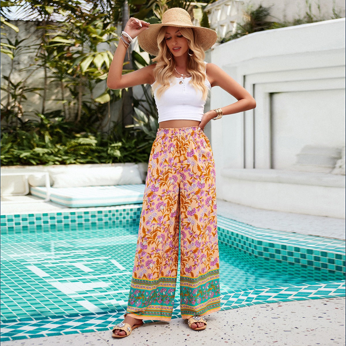 Women's Spring/Summer Elegance Casual Print Tie Up Pants