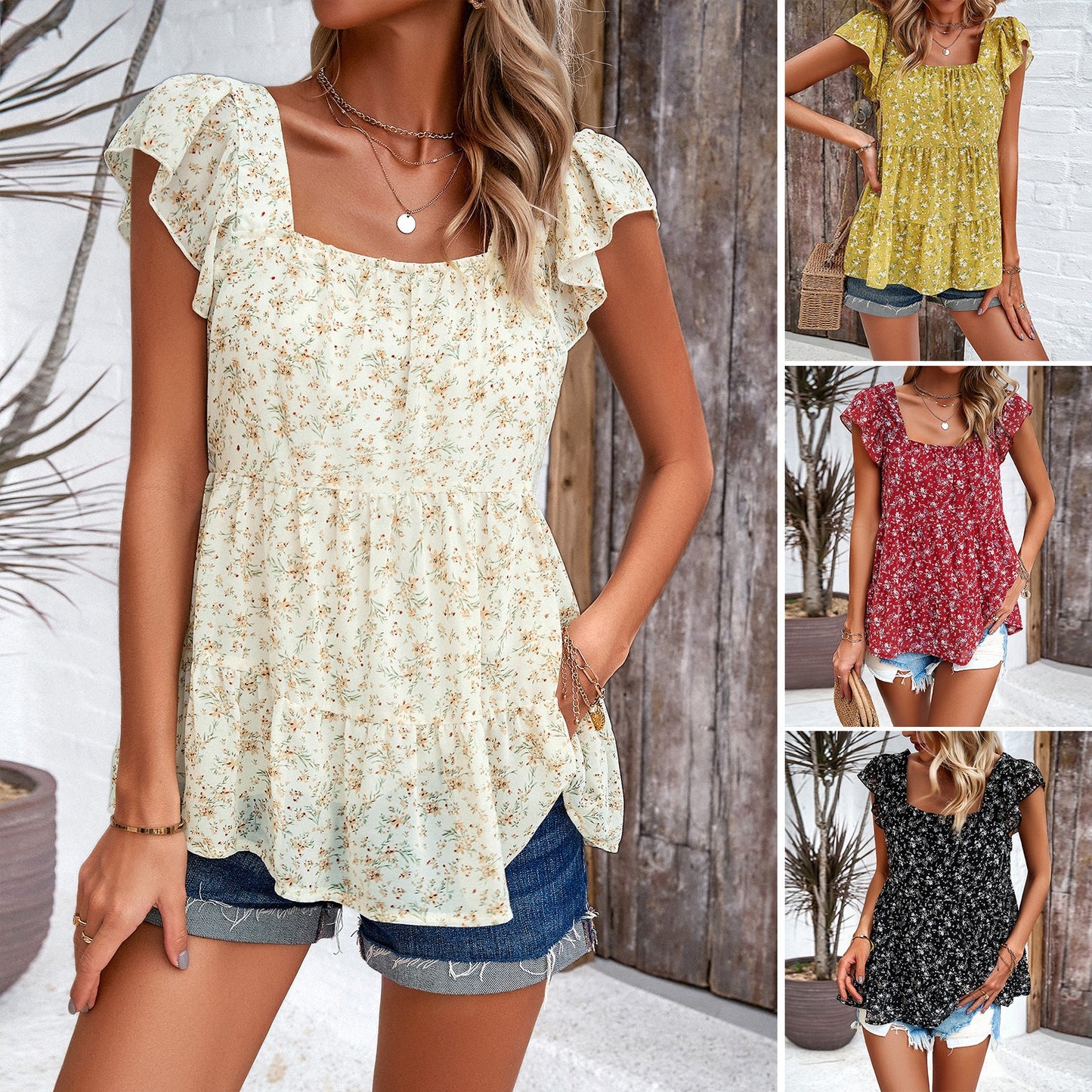 Spring and summer temperament floral square collar top