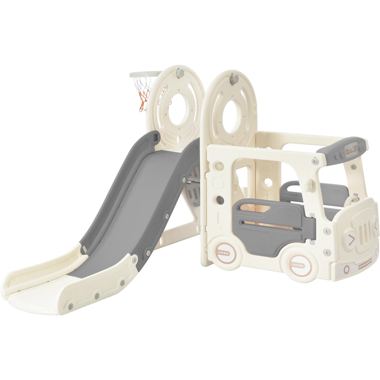 Kids Slide with Bus Play Structure Freestanding Bus Toy with Slide for Toddlers Bus Slide Set with Basketball Hoop