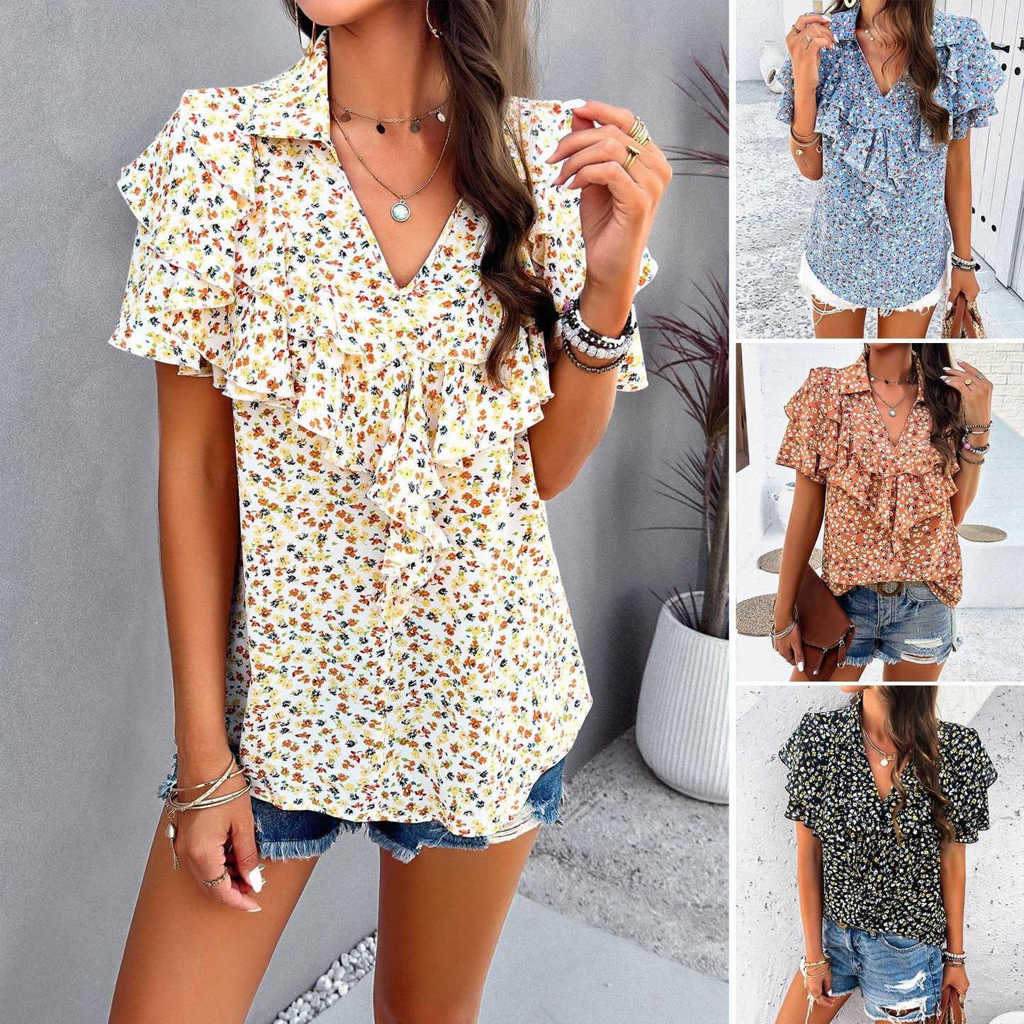 European and American women's spring and summer elegant printed ear edge top