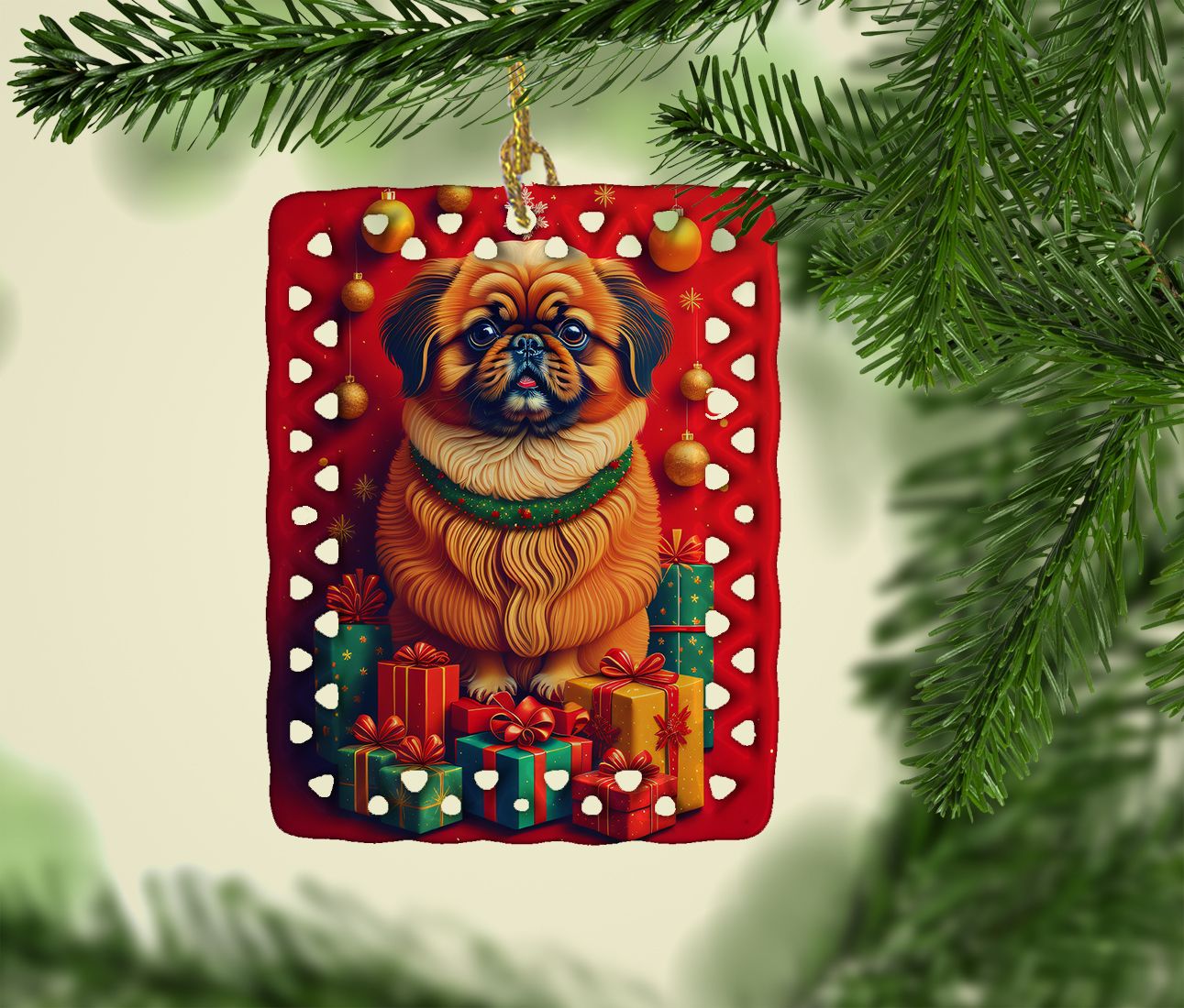 Pekingese Holiday Christmas Porcelain Ornament Christmas Tree Hanging Decorations for Home Christmas Holiday, Rectangle, Gift, Multicolor
