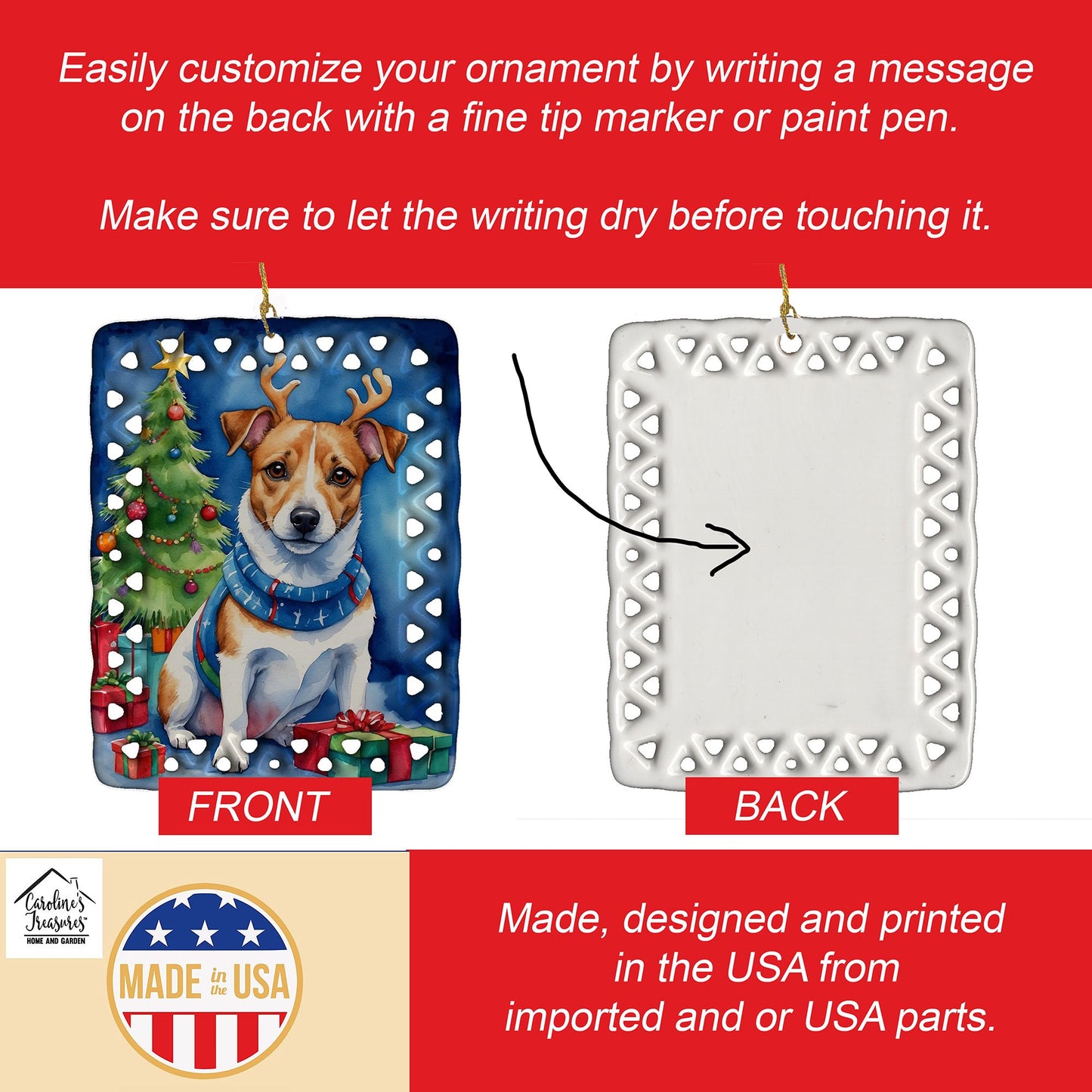 Jack Russell Terrier Christmas Reindeer Porcelain Ornament Christmas Tree Hanging Decorations for Home Christmas Holiday, Rectangle, Gift, Multicolor