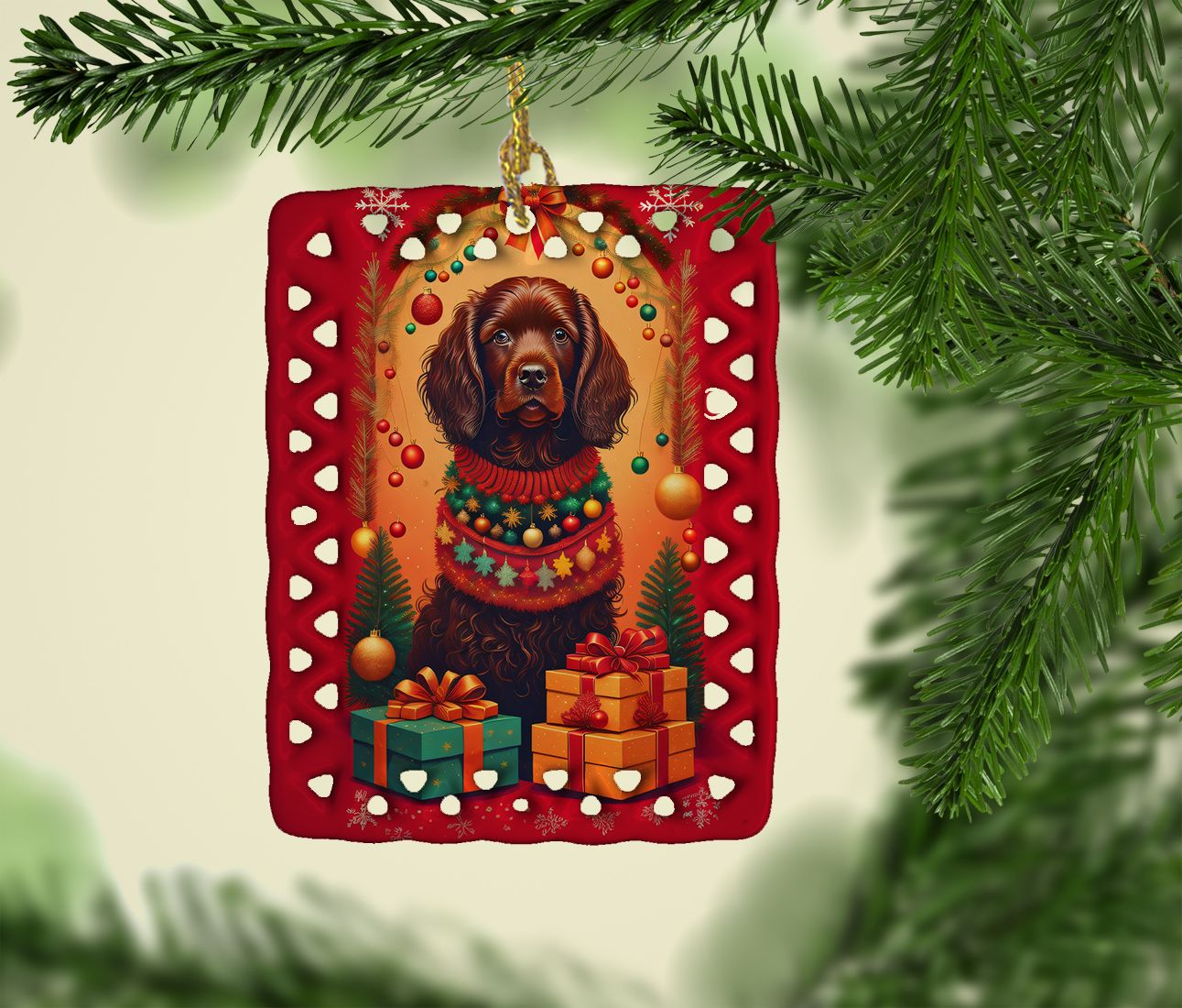 Boykin Spaniel Holiday Christmas Porcelain Ornament Christmas Tree Hanging Decorations for Home Christmas Holiday, Rectangle, Gift, Multicolor