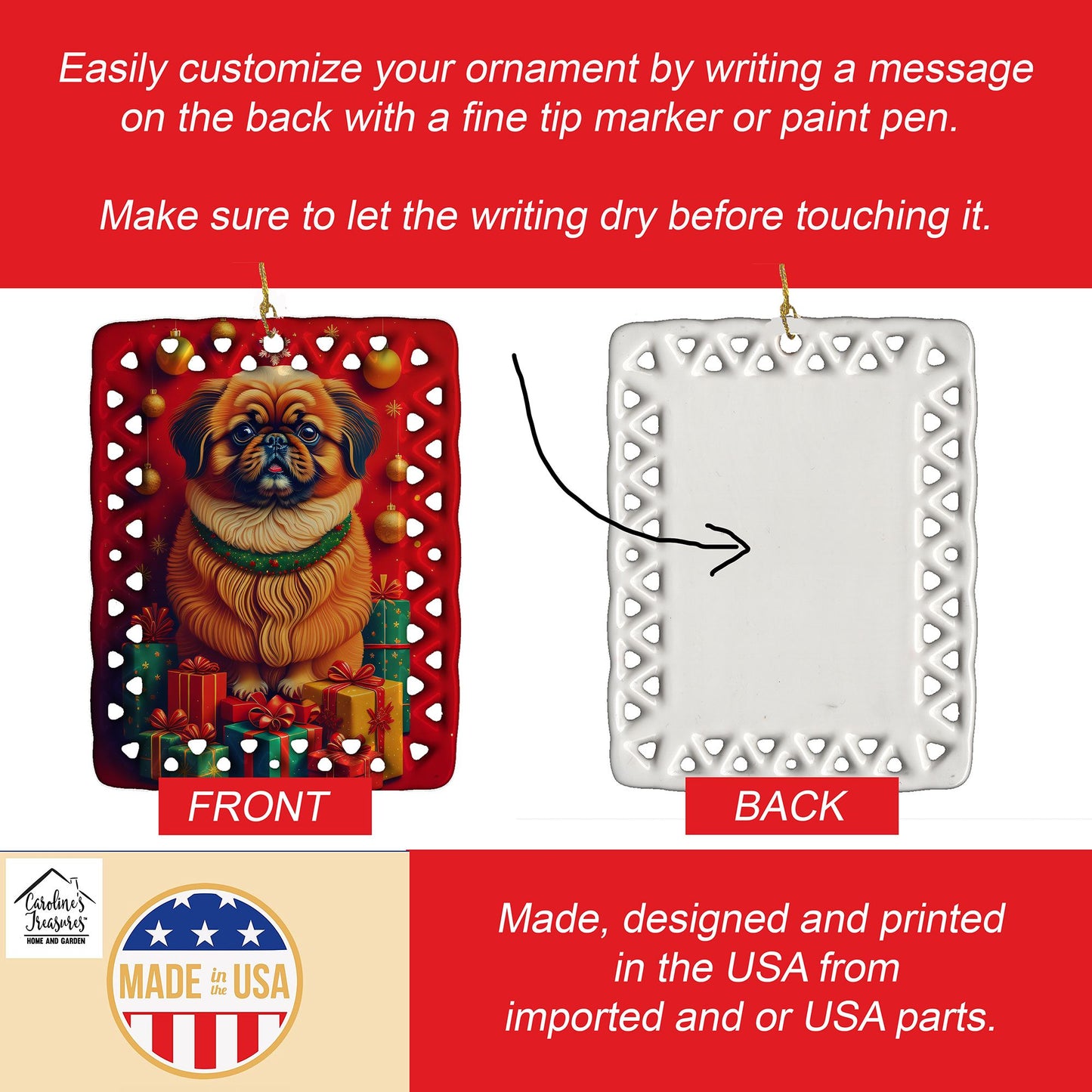 Pekingese Holiday Christmas Porcelain Ornament Christmas Tree Hanging Decorations for Home Christmas Holiday, Rectangle, Gift, Multicolor