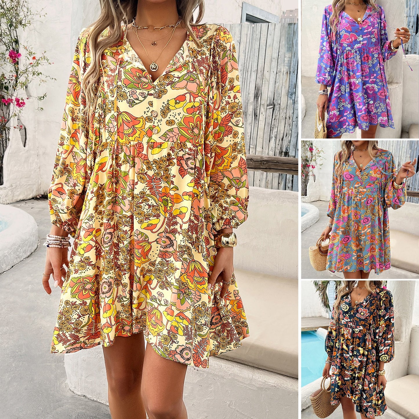 Women's spring/summer casual vacation printed long sleeved dress