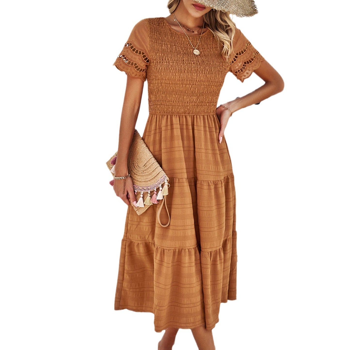 Spring and summer solid color temperament with a pleated hollow dress