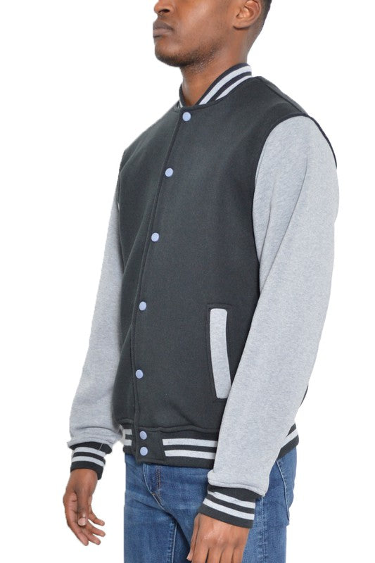 Weiv Mens Fleece Snap Button Varsity Jacket