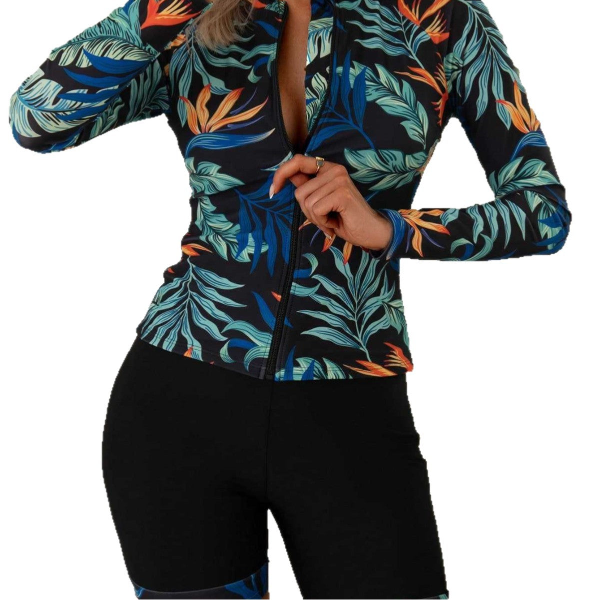 Swimsuit women's split flat leg pants long sleeved zipper
