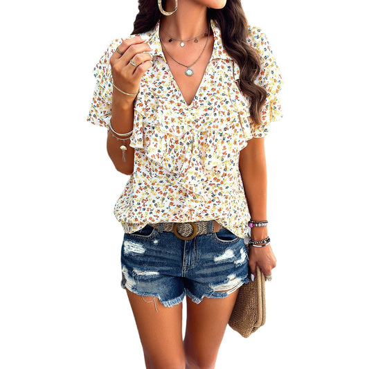European and American women's spring and summer elegant printed ear edge top