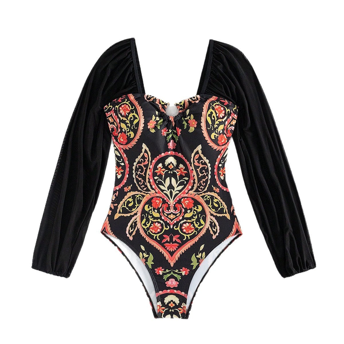 Long sleeved mesh one-piece swimsuit for women