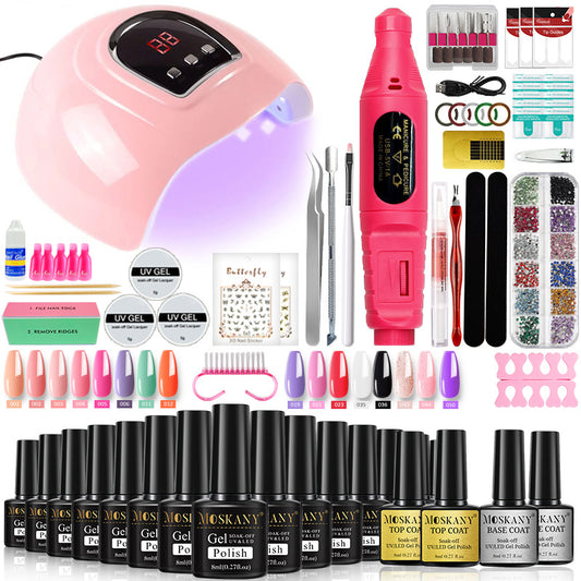 Nail Set Nail Gel Tools Kit 54W Nail Lamp 16Colors UV Gel Nail Polish Kit Contains Base Coat Top Coat Nail Drill Machine Nail Kit