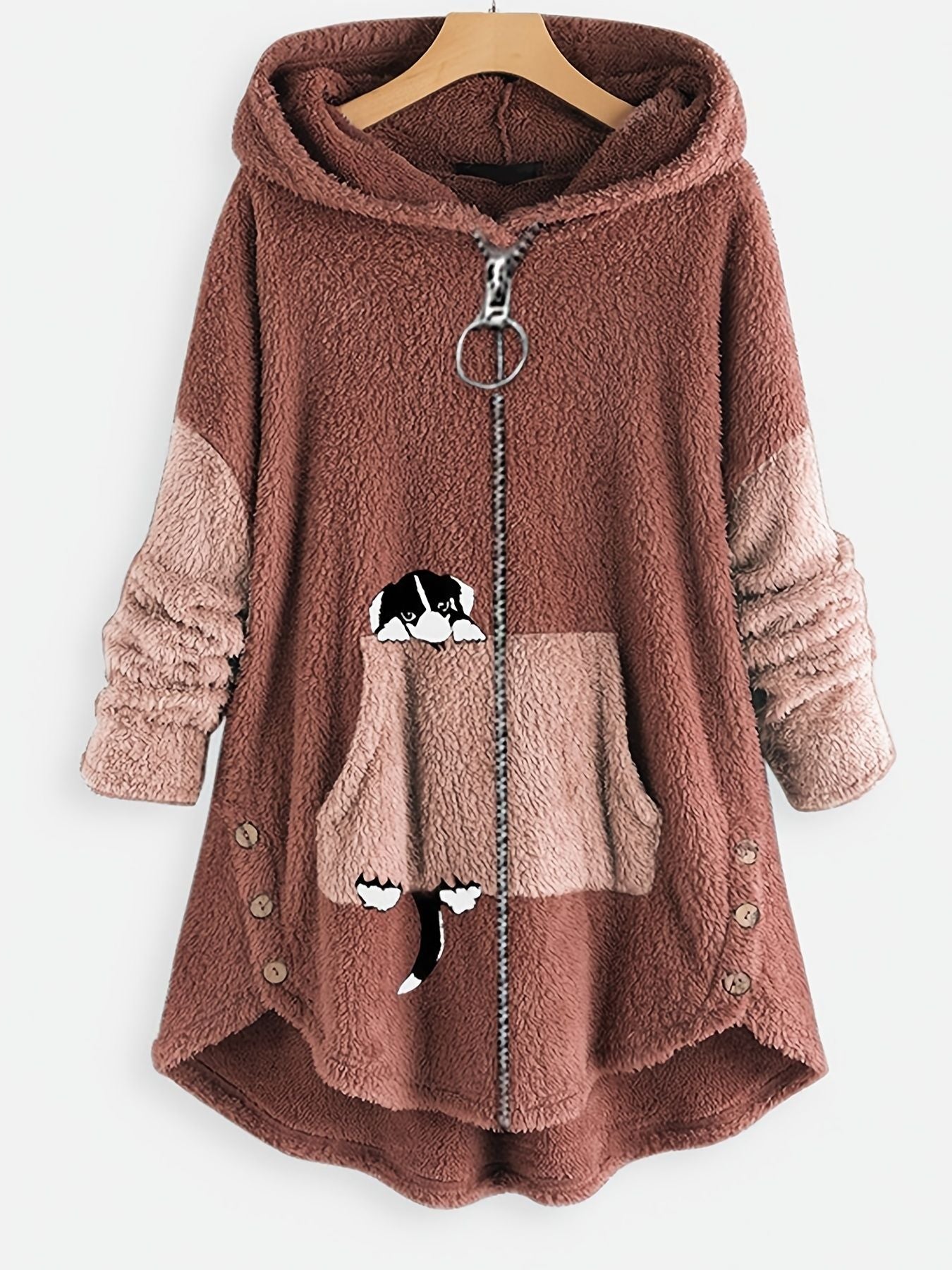 Plus Size Cartoon Puppy Print Colorblock Zip Up Hoodie Fuzzy Coat; Women's Plus Slight Stretch Casual Coat