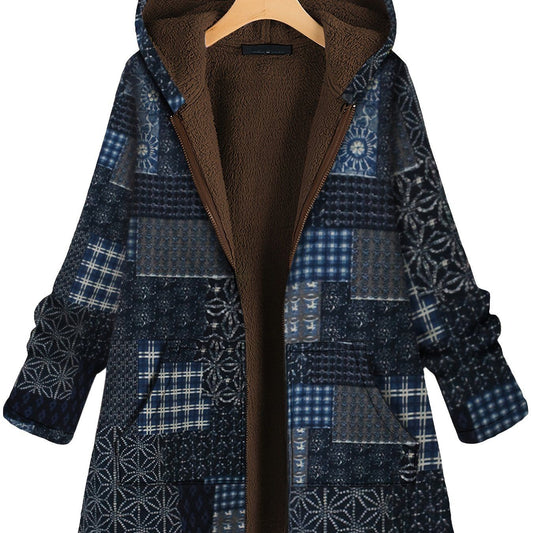 Plus Size Patchwork Print Hoodie Fleece Liner Thermal Coat; Women's Plus Long Sleeve Casual Coat