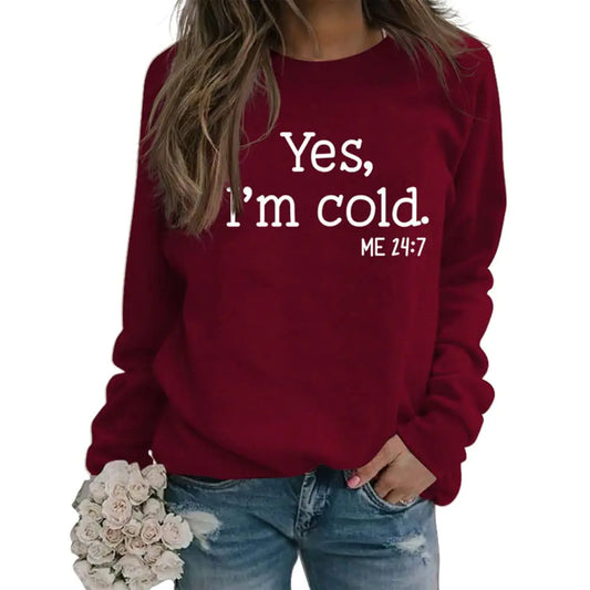 MRUZNSU Yes Im Cold Me 24:7 Sweatshirt for Women Funny Letter Print Long Sleeve Crewneck Pullover Casual Hoodie Tops Large Red
